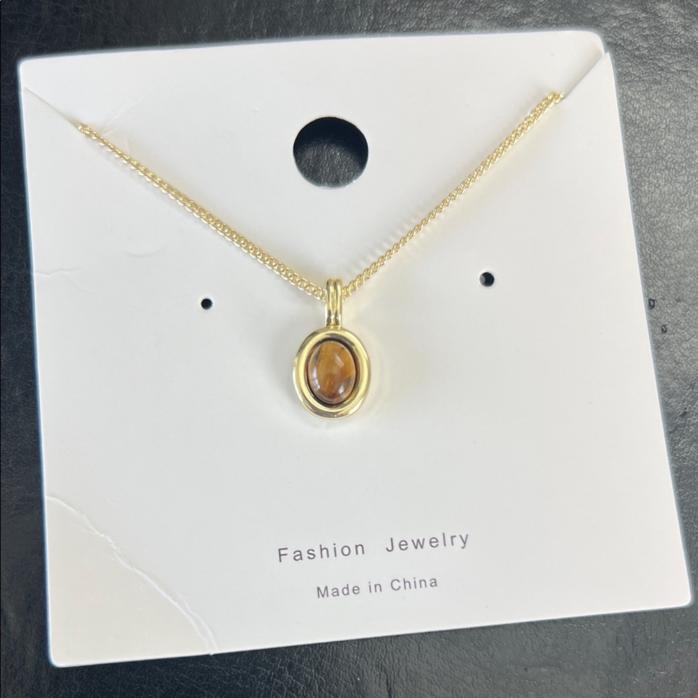 Trendy boutique Gold Oval Amber-Color Pendant Necklace